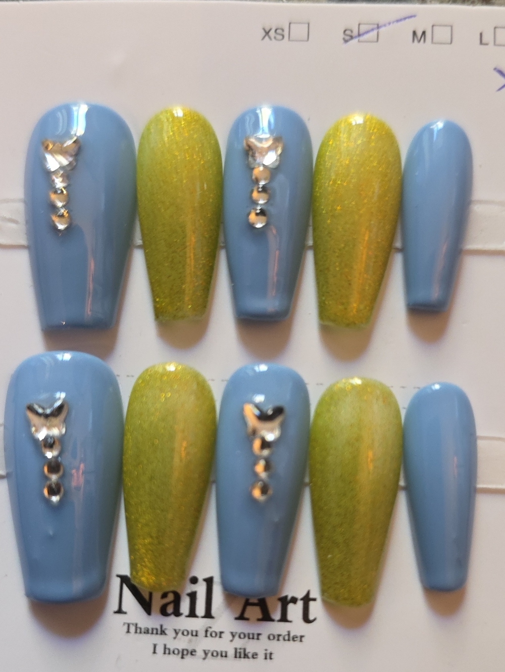 Blue and Green Glitter Nail Art Set with Rhinestone Accents Size Small